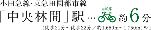 小田急線・東急田園都市線「中央林間」駅 自転車約6分（徒歩21分～徒歩22分／約1,650m～1,750m）※1