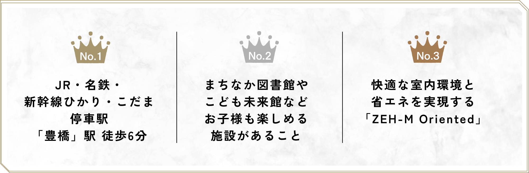 No1 JR・名鉄・新幹線ひかり・こだま停車駅「豊橋」駅 徒歩6分 No2 まちなか図書館やこども未来館などお子様も楽しめる施設があること No3 快適な室内環境と省エネを実現する「ZEH-M Oriented」