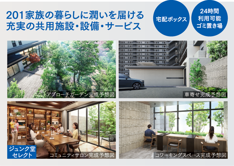 201家族の暮らしに潤いを届ける充実の共用施設・設備・サービス 201家族の暮らしに潤いを届ける充実の共用施設・設備・サービス一覧