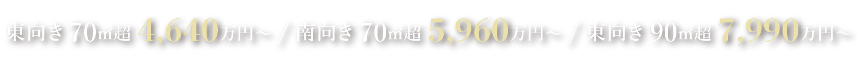 東向き 70㎡超 4,640万円〜 / 南向き 70㎡超 5,960万円〜 / 東向き 90㎡超 7,990万円〜