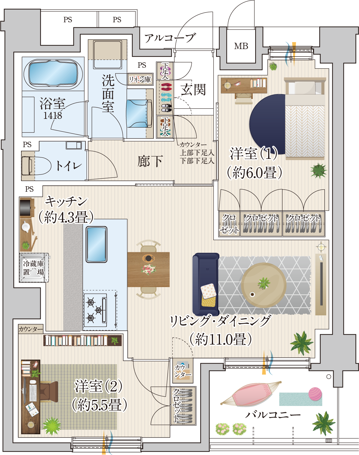 2LDKの間取りを1人世帯向けに活用した家具配置例。約11畳のリビング・ダイニングにはソファとローテーブル、2人掛けのダイニングテーブルを置き、約6畳の洋室にはベッドとデスク、約5.5畳の洋室にはデスクを置いて書斎として使用しています。