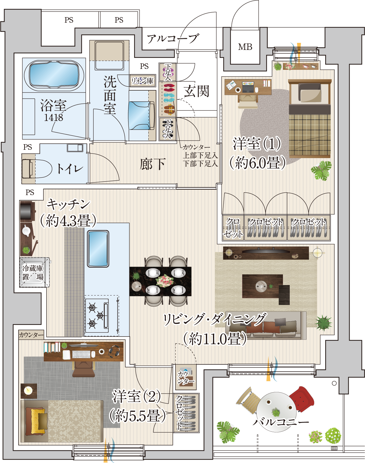 2LDKの間取りを2人世帯向けに活用した家具配置例。約11畳のリビング・ダイニングにはソファとローテーブル、4人掛けのダイニングテーブルを置き、約6畳と約5.5畳の洋室にはそれぞれベッドとデスクを配置しています。